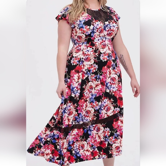 🆕️ TORRID Floral Studio Knit Asymmetrical Midi Dress SIZE: 0 (LARGE 12) - Picture 1 of 16